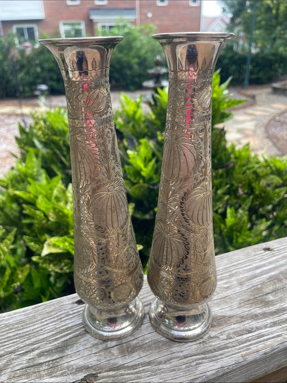 Vintage India Brass Etched Floral Vase Set